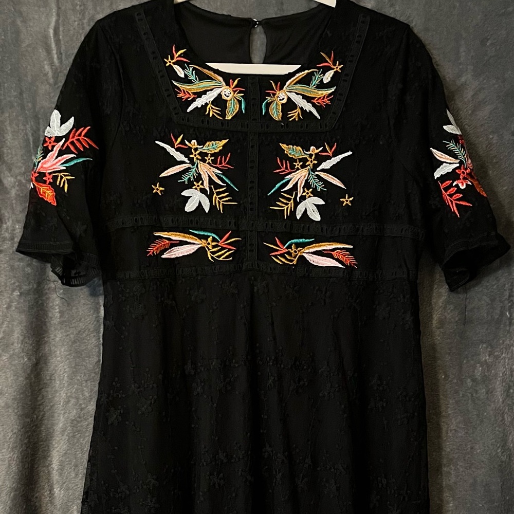 Black floral lace dress with bright hand stitched embroidery